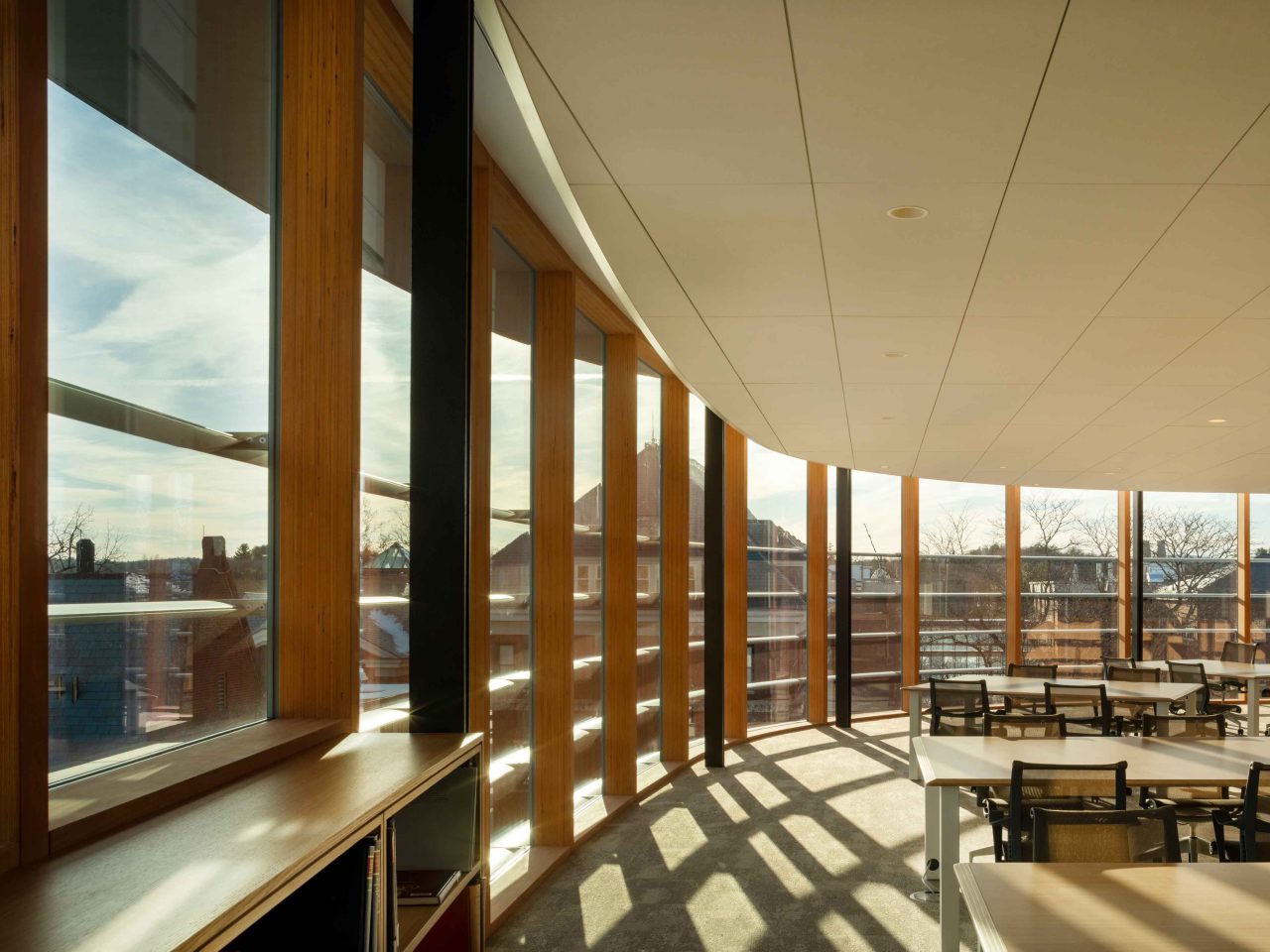 Smith College Neilson Library interior wood facade with curved insulated glass